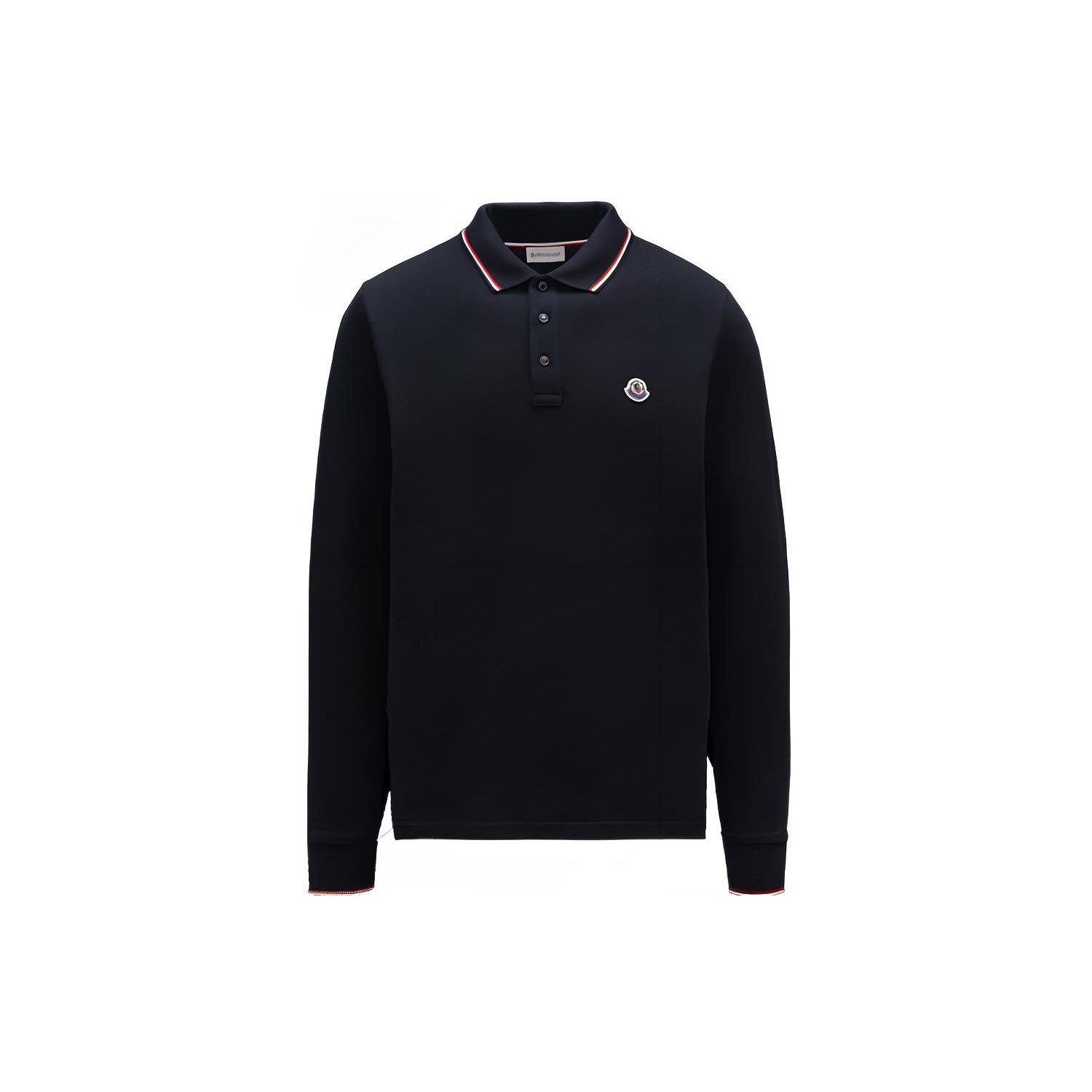 Moncler FW22 Effen Logo Patch Katoenen Lange Mouwen Polo Heren Polo Shirts Marineblauw H20918B701008455677X S