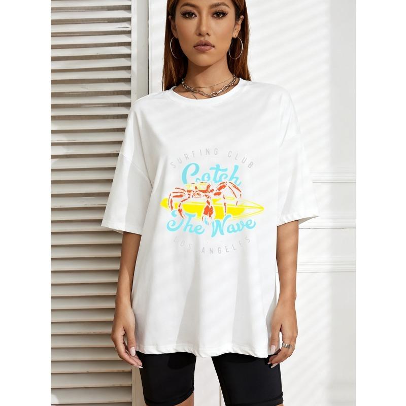 

White Oversized T-Shirt With Crab And Surfboard Print Catch The Wave Text For Summer Beach Casual Wear XXXXL білий