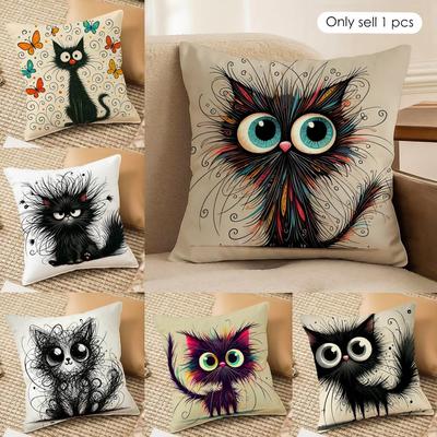 Whimsical Cat Cushion Cover Short Plush Double-Sided Print Square Throw Pillow Covers Sofa Home Cushion Decor