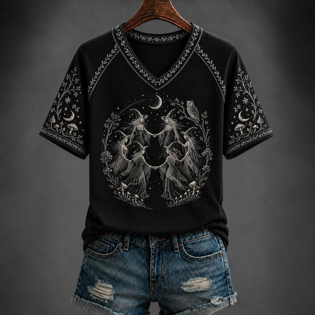 Women's Casual V-Neck Raglan Sleeve Halloween Print Short Sleeve T-Shirt for Party