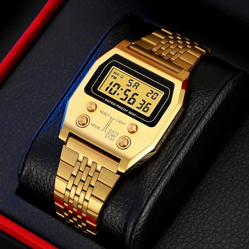 Mens Wristwatches Stainless Steel Sport Retro LED Electronic Waterproof Digital Watch