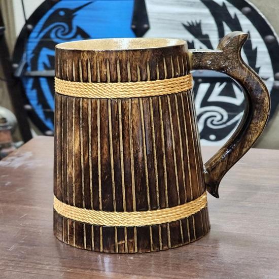 Handmade Wooden Beer Drinking Mug with Beautiful Rope Design 17.78 Cm Height