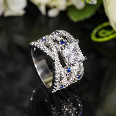 European And American High-End Temperament Business Style New Handmade Jewelry Blue And White Inlaid Zircon Line Design Ring
