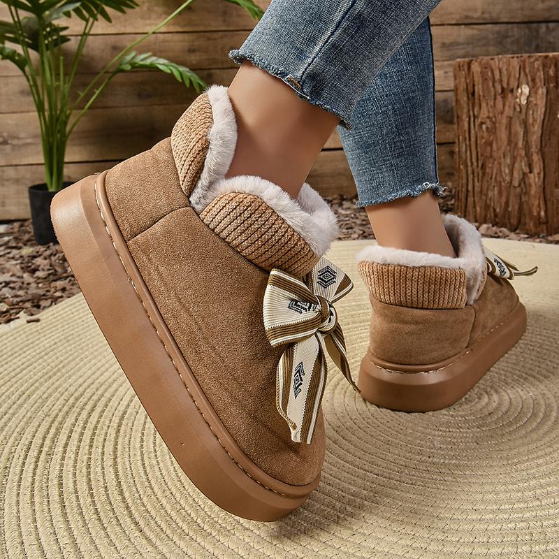 Mode Winter Wildlederimitat Baumwolle Stiefel Damen Zuhause Schleife Wolle Stiefeletten 2024 Neu Wärme Dicke Sohle Prinzessinnen-Stil Kurze Stiefeletten