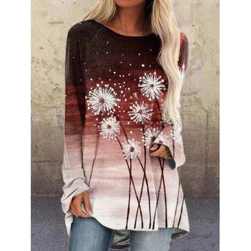 Fall Women Printed Round Neck Top Fashion Casual Loose Large Size Blouse Plus Size