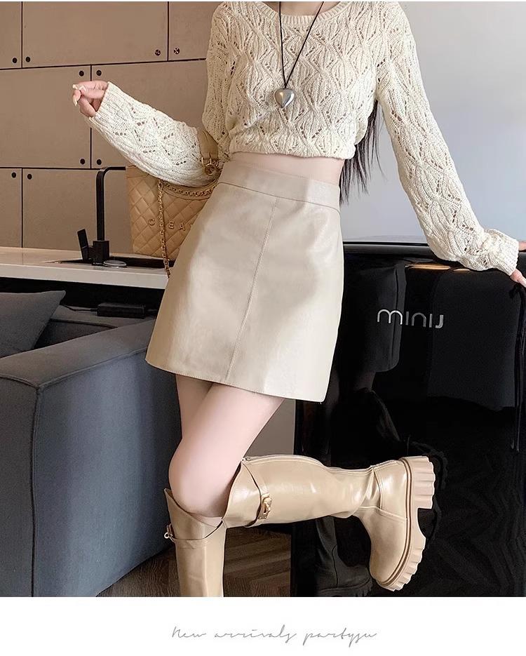 Women's High-Waist Black PU Leather A-Line Skirt – Autumn/Winter 2023, Korean Style, Slim Fit, Anti-Exposure, Short Length