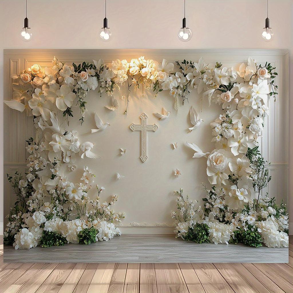 Ein Kreuz mit Blumen und ein weißer Stoff mit Blumenmuster, kein Strom erforderlich, geeignet für Hochzeiten