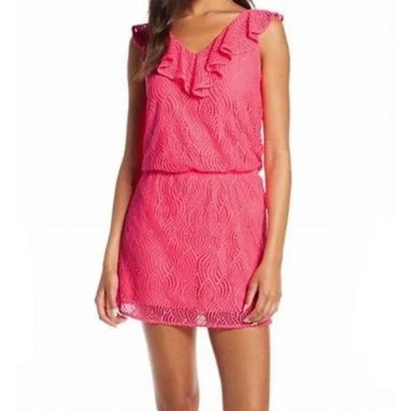 

Foreign Trade Order Li s Sexy Lace Crochet Frill Waist Hugging Sheath Dress Elegant Goddess Party dress Dress Rose Red XXS