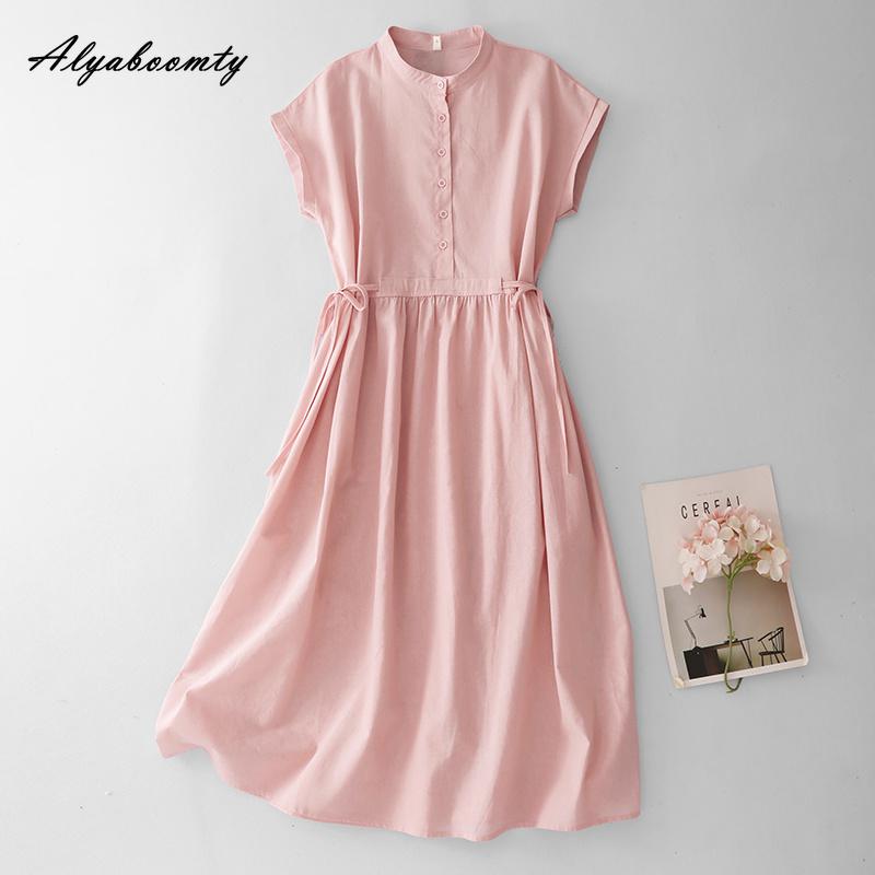 Japanese Mori Girl Candy Color Solid Basic Midi Dress O Neck Pink Blue Green Lace Up Dress Short Sleeve Baggy Cotton Dress
