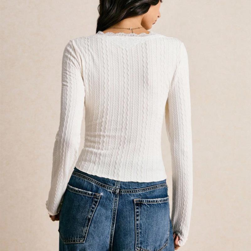 Women's V Neck Lace Trim Long Sleeve Top Slim Fit Wavy Textured Knit Button Front Crop Tee