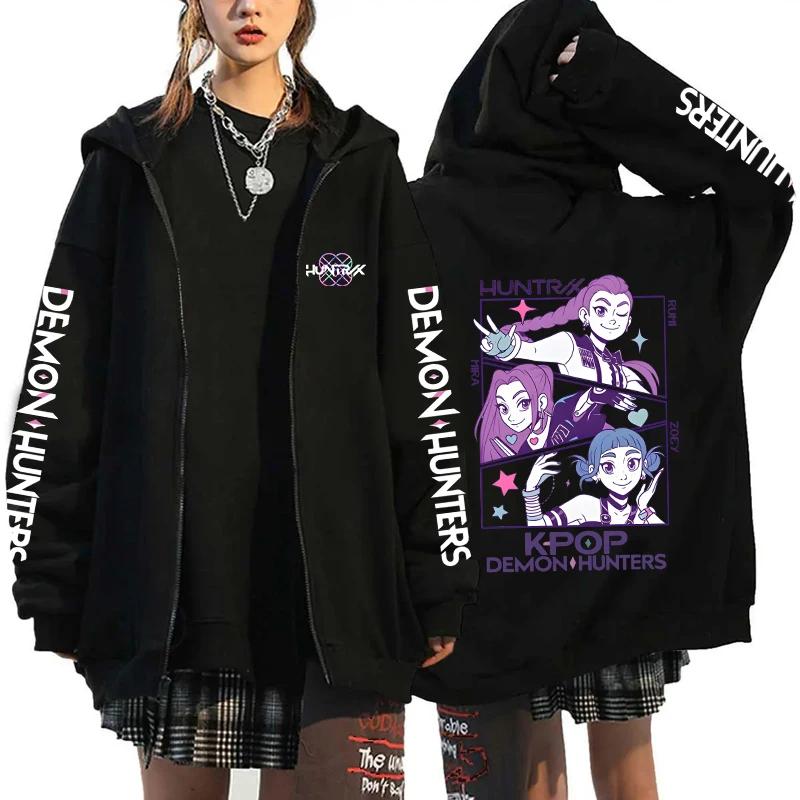Hot Kpop Demon Hunters Printed Hoodies Hip-hop Zipper Hoodies Autumn Winter Streetwear Sweatshirt Women Men Long Sleeve Zip Coat