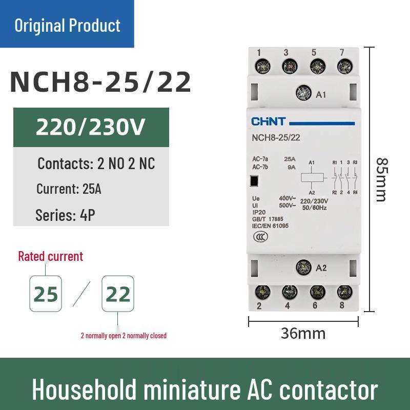 Chint Single-Phase AC Contactor NCH8-20/20, 20A, 240V, 2P, DIN Rail Mount