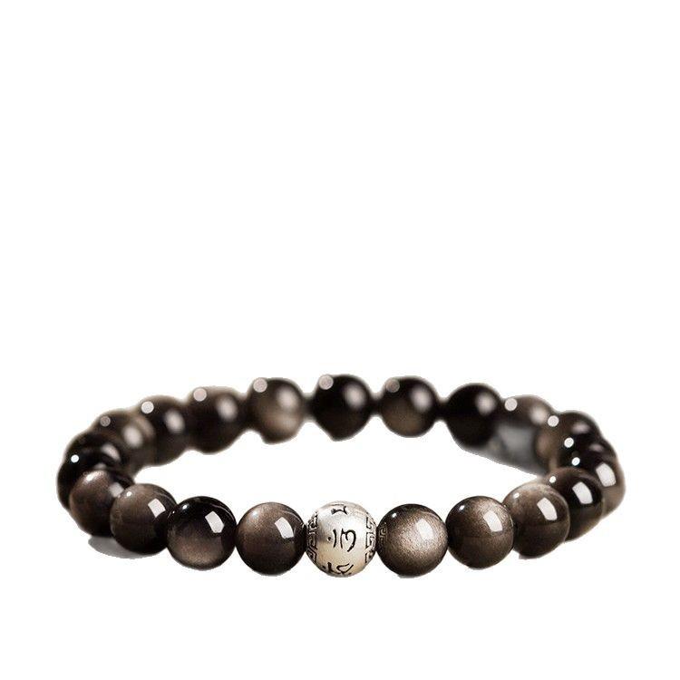 Obsidian bracelet for women, crystal silver obsidian six-character mantra bracelet, men's Buddhist beads