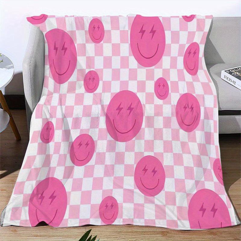 Pink Plaid Smile Face Flannel Blanket, Soft And Comfortable Blanket For Family And Friends, Suitable For Sofa Bed Throw Blanket