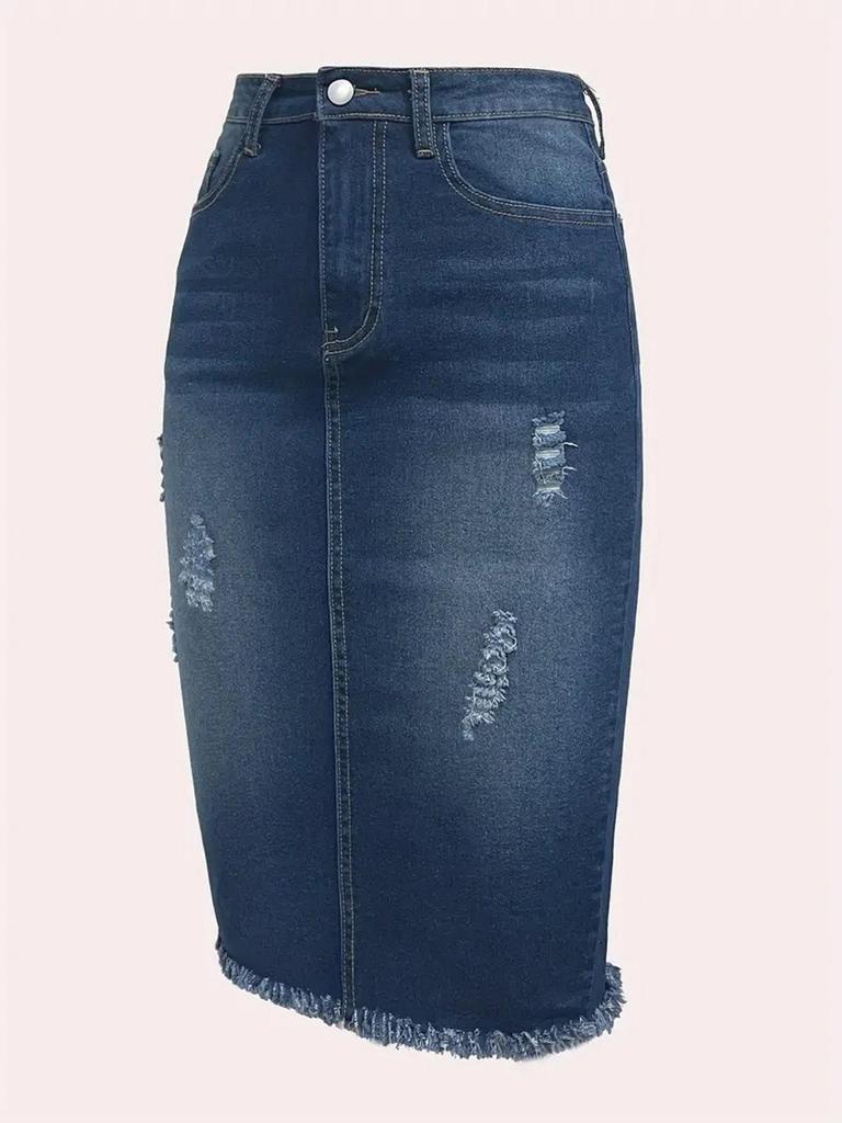 Gonna Midi in Denim a Vita Alta Sfilacciata: Dimagrante, A-line, Aderente ai fianchi