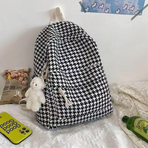 Chic Houndstooth Backpack For Women Korean Style High School College Girl Casual Trendy Bag