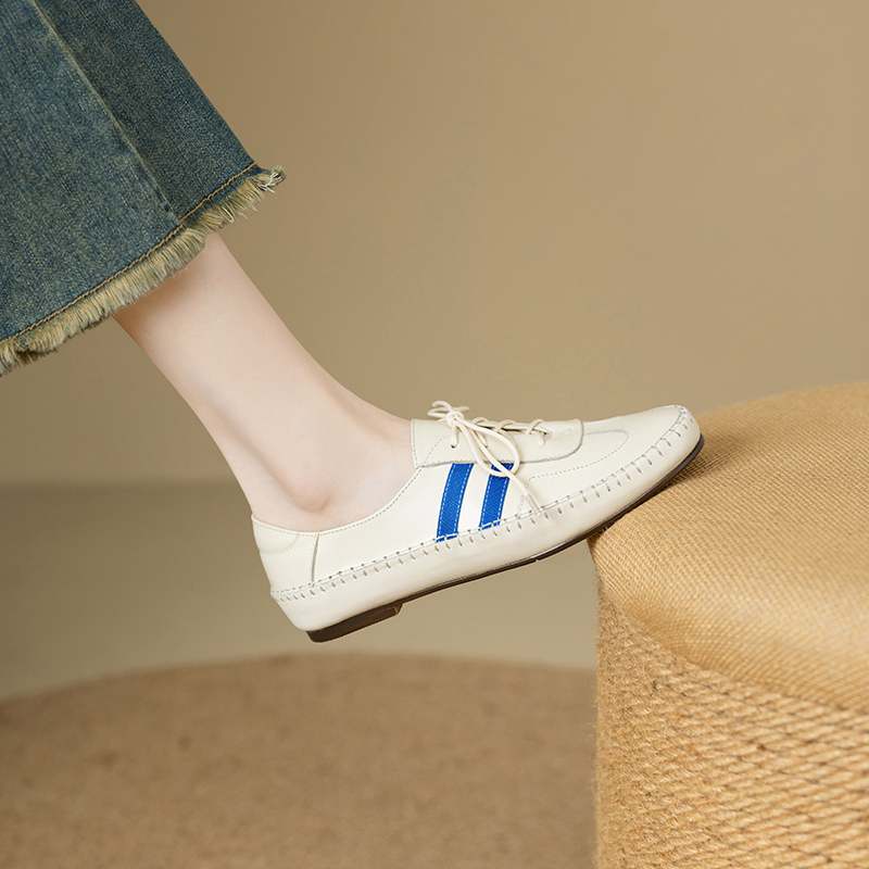 Krazing Pot Cow Skin Round Toe Size 43 Flat with Fashion Lace Up Leisure Handmade Comfortable Light Autumn Sneakers