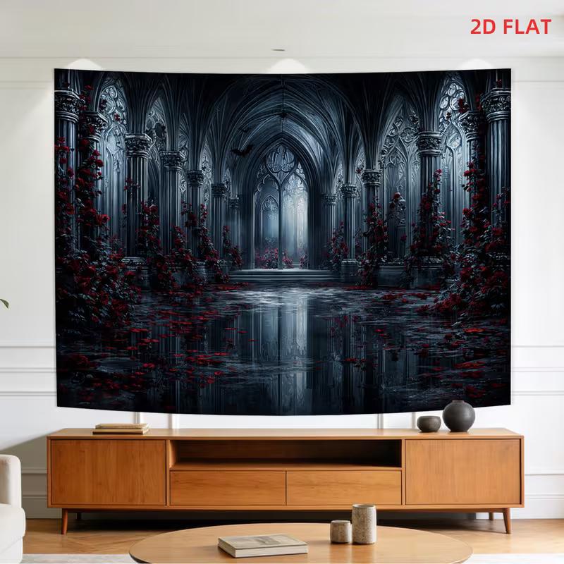 2D Spooky Gothic Cathedral Tapestry Black Water Red Rose Halloween Wall Art