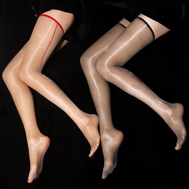 1D Ultra Thin Transparent Thigh High Stockings Women Sexy Oil Shine Long Stockings Retro Back Line Seamed Medias Glossy Hosiery