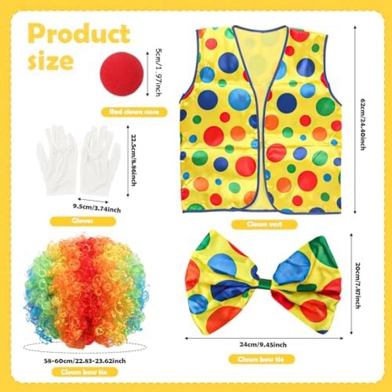 TIVUNORON Clown Costume Set, 5Pcs Clown Accessories Includes Rainbow Vest Wig Red Nose Bow Tie Gloves, Circus Carnival Cosplay Costume