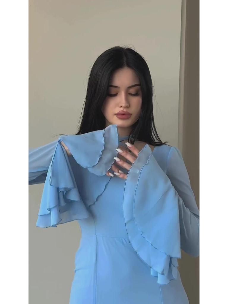 2024 Autumn Cross-border Elegant Chiffon Ruffle Tie-up Slimming Dress