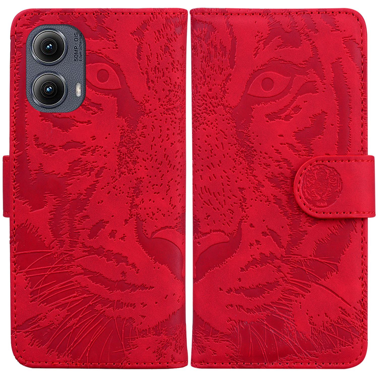 

For Motorola Edge (2024) 5G Shockproof Case Tiger Imprint Leather Wallet Phone Cover Red