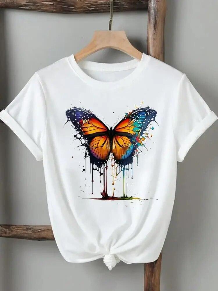 

Женские женские футболки с принтом, модная повседневная футболка с цветочным принтом и бабочкой, 90-е годы, футболка с коротким рукавом и графикой, футболка с принтом, унисекс 4XL