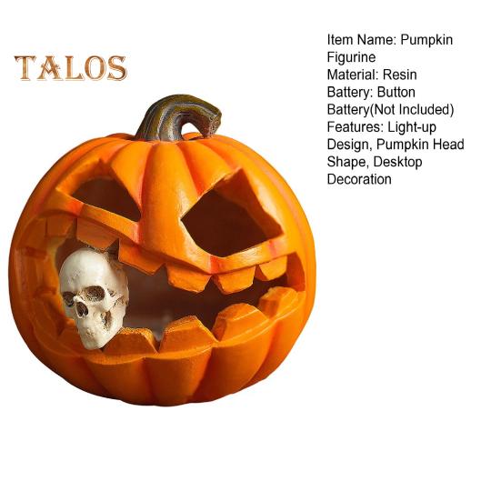 Halloween Pumpkin Eating Skull Figurine with Lights Spooky Light-up Pumpkin Head Resin Statue Sculpture Home Office Desktop Decoration Ornament