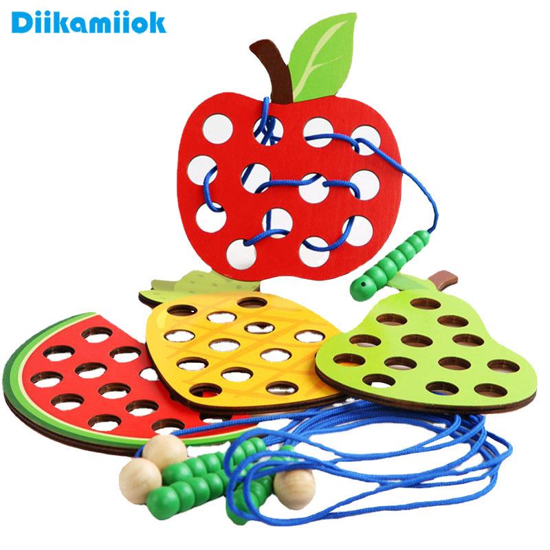 4pcs Fruit Threading Board Game Kids Learning Montessori Teaching Aids Educational Wooden Toys for Children
