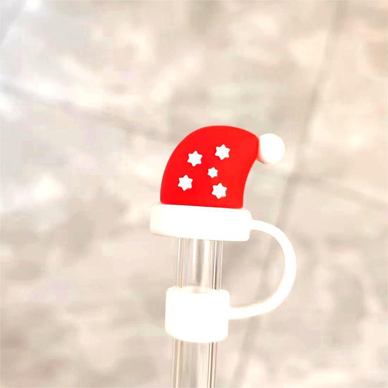 Christmas New Silicone Straw Cover 10mm Large Diameter Reusable Straw Tips Cartoon Cute Holiday Gift Dust Cap Party Xmas Decor
