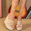 Summer Super Hight Thick Heels Wedges Platform Women Sandals Fashion Narrow Band Ankle Lace-Up Wedding Party Dress Shoes 34 43