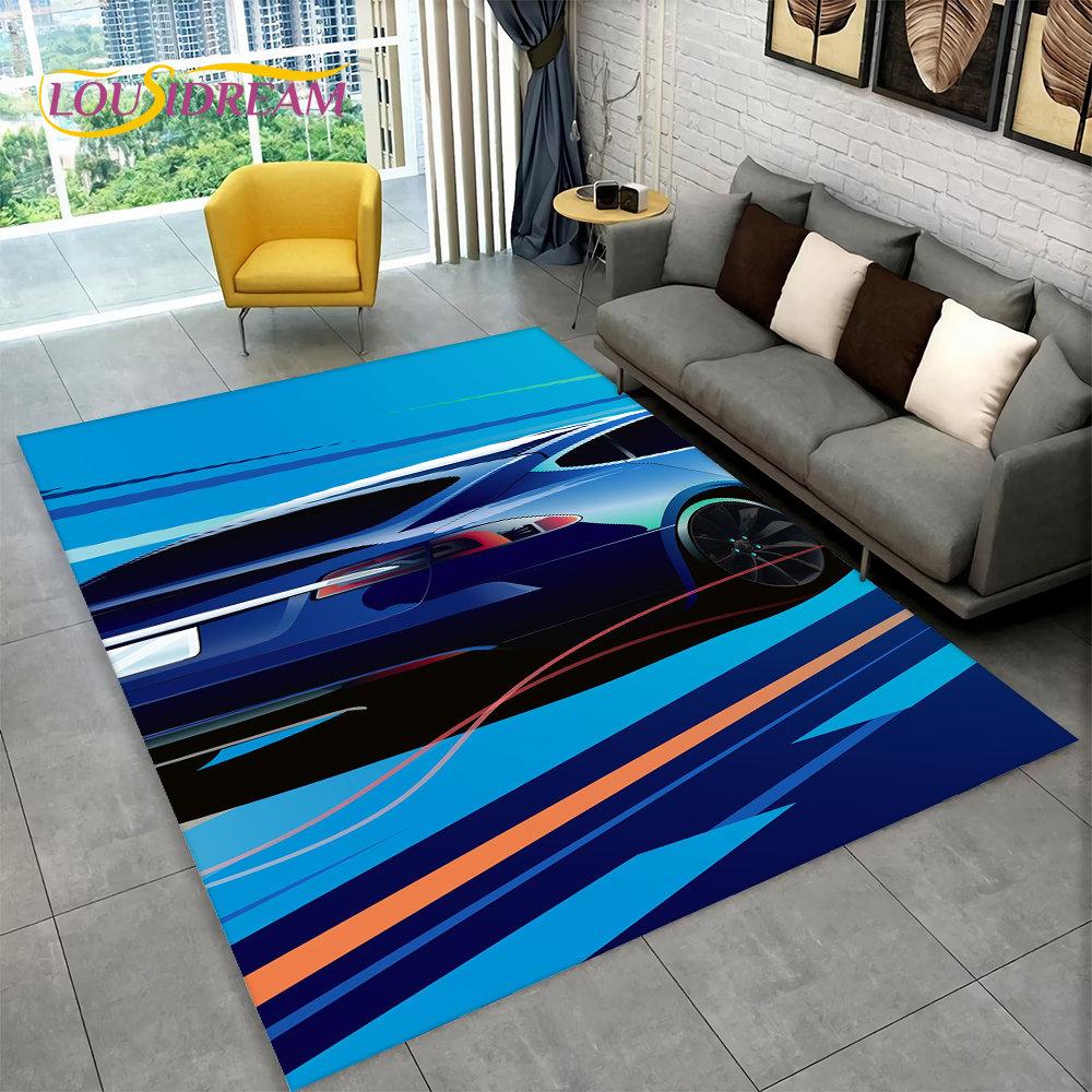 Großer Teppich mit Rennsportwagen-Motiv, Teppich für Zuhause, Wohnzimmer, Schlafzimmer, Sofa, Fußmatte, Dekoration, rutschfeste Bodenmatte für Kinder, Küche