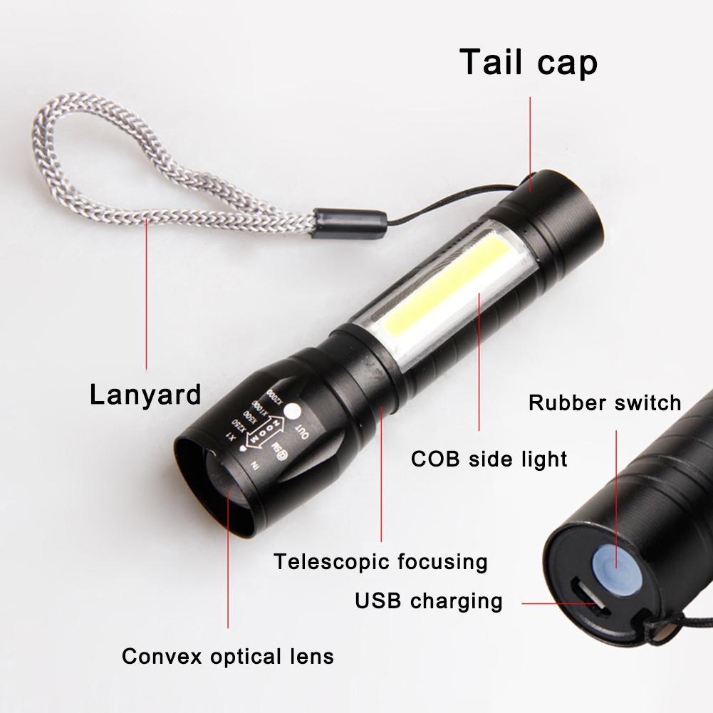Hot XPE +COB Zoomable Light Lamp Torch With LED Flashlight 18650 USB Rechargeable