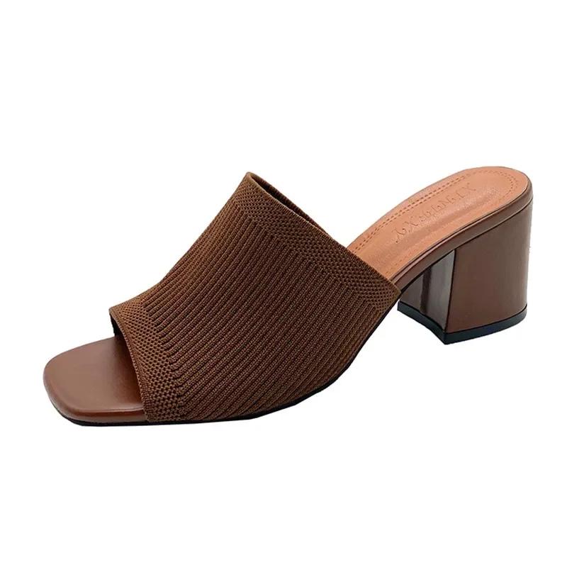 Knitting High Heels Slippers Women Shoes Summer Peep Toe Dress Sandals 2024 Fashion New Beach Chunky Walking Zapatos Femme Pumps