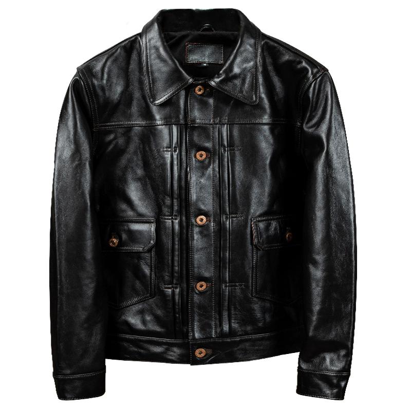 Genuine Horsehide Leather Jacket for Men Short Slim Fit Waxed Tea Core Vintage Biker Jacket Stand Collar