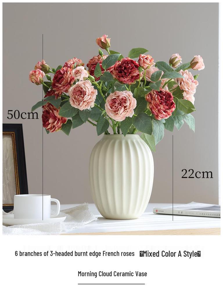 Vintage Burned Edge Rose Artificial Floral Arrangement for Living Room or Dining Table Decor