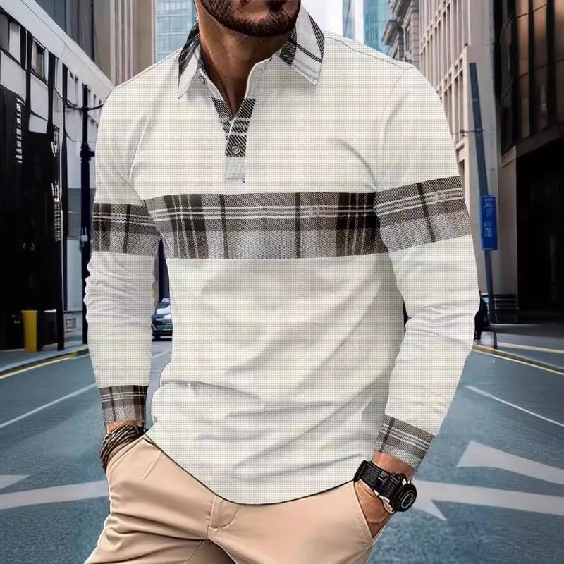 New Men's Casual Polo Shirt Long-Sleeved Colour-Blocked Checkered Button-Down Waffle-Weave Print Long-Sleeved Top