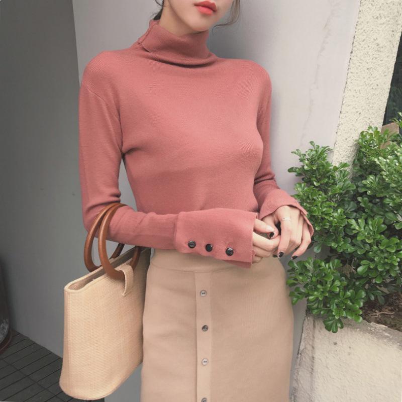 

1831 Осень и зима Вязаная водолазка с разрезом: Уютная, облегающая футболка в стиле свитера из пряжи Core Yarn One Size кофейный