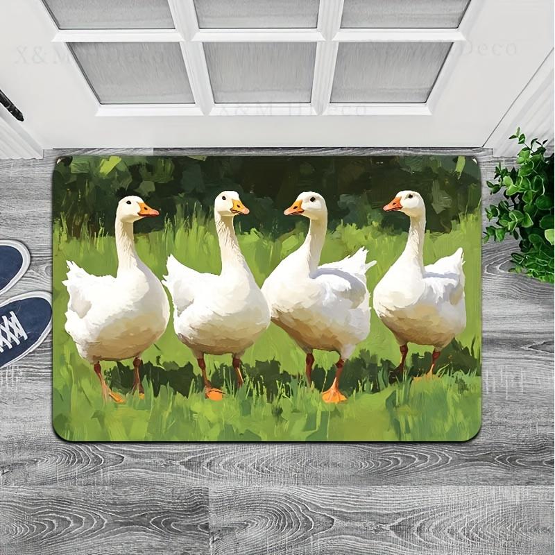 Versatile 8mm Oil Painting Design Rug - White Goose On Lawn | Machine Washable Polyester Floor Mat for Gaming Room, Bathroom, Ki