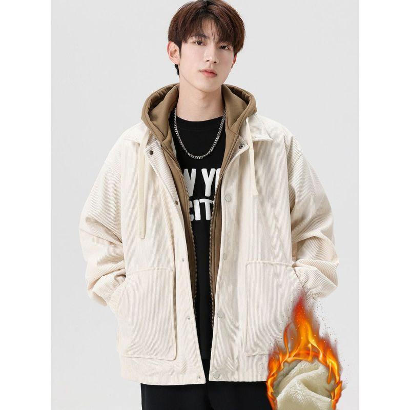 Men's Winter Thickened Warm Jacket Lined with Fleece Zipper Button Hooded Jacket