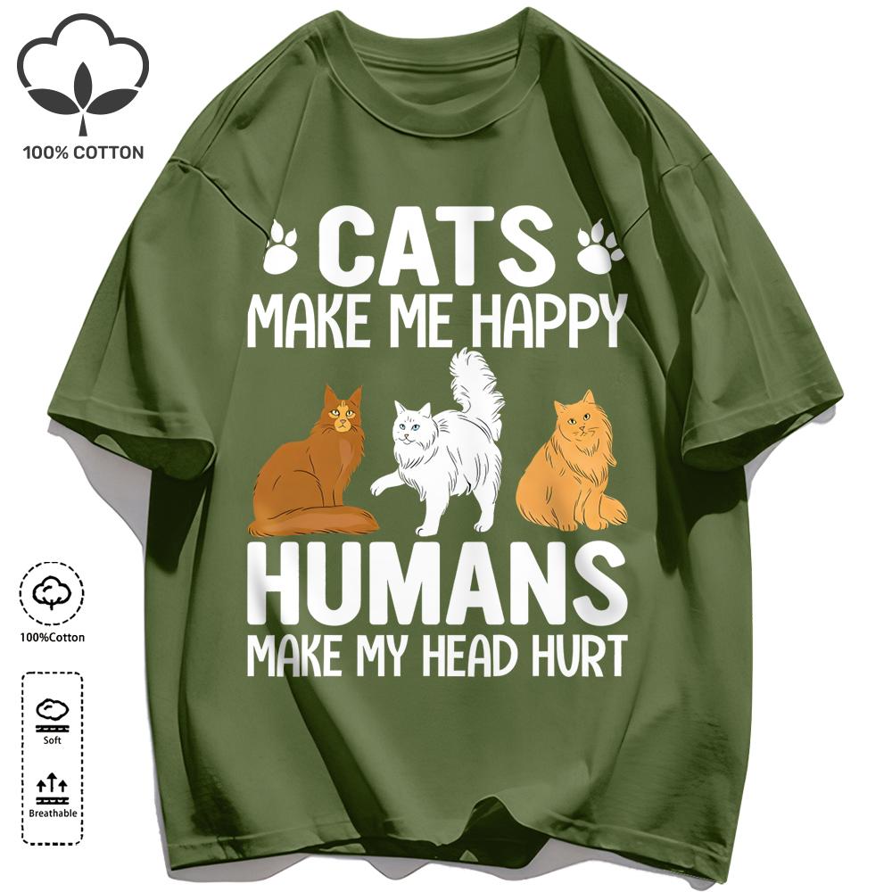 Cat Make Me Happy Design Unisex T Shirts Fashion All-Match T-Shirt Cotton Casual Clothing Summer Loose Unisex Retro Streetwear