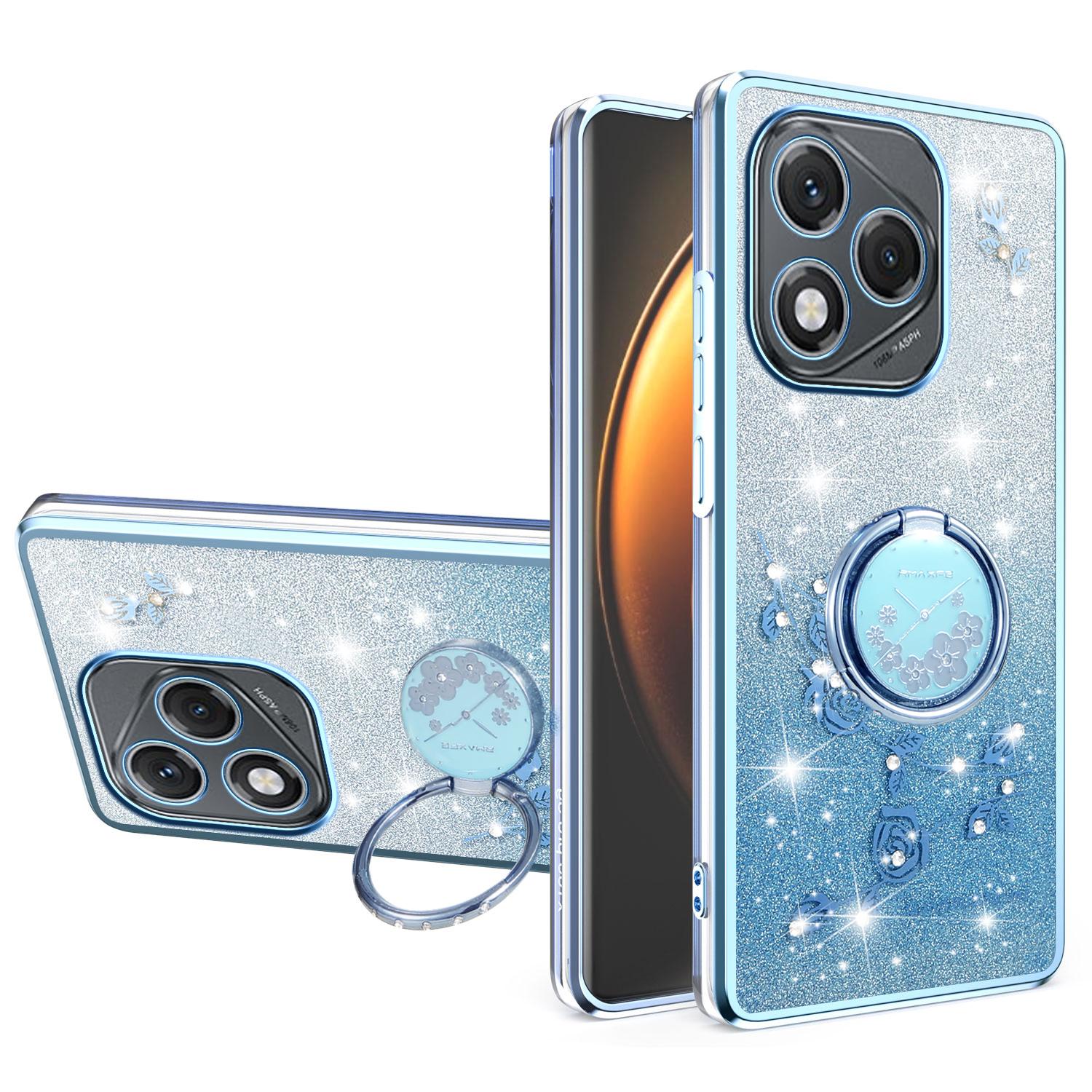 

KADEM For Honor 400 Lite 5G Case Ring Kickstand TPU Flowers Phone Cover Gradient Glitter Blue