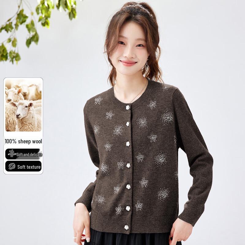 Women s 100% Wool Round Neck Rhinestone Cardigan Sweater XL
