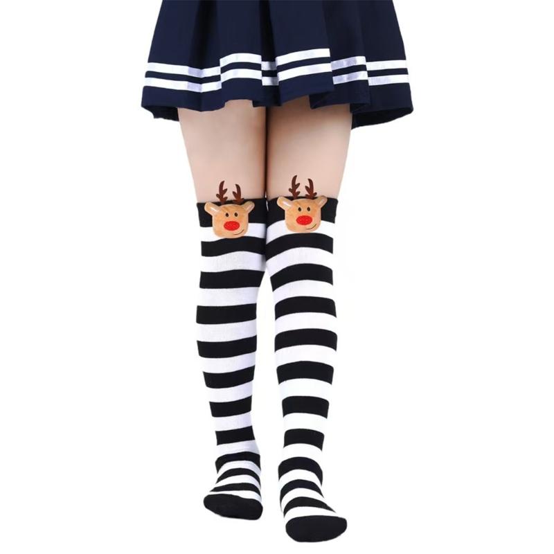 

Striped Thigh High Stockings Christmas Over the Knee Socks with Reindeer Long Boot Socks for Daily Wear Cosplay Party Aged 7 to 12 чорний/білий