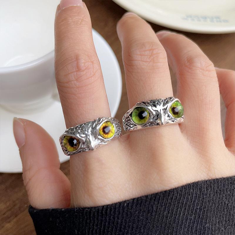 Cute Retro Thai Silver Cat Rings Fashion Cat Owl Eye Opening Adjustable Ring for Women Men Trendy Statement  Accessories