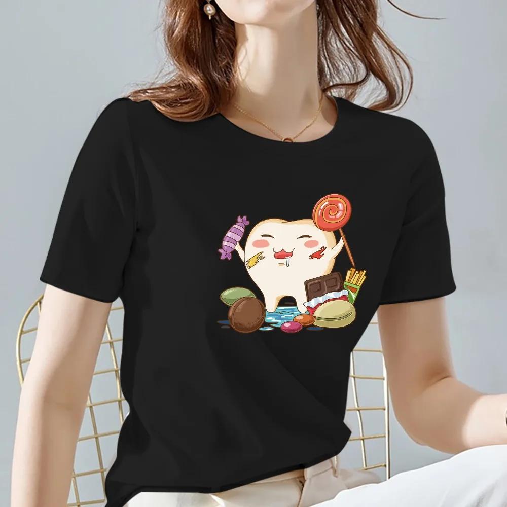 

Tops Tee Casual Black and White Basis Ladies T-shirt Women Clothing Women Tshirts Summer Teeth Pattern Print S