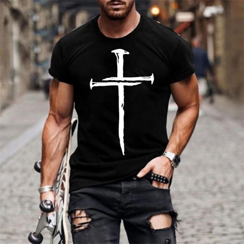 Men's T-shirt with Cross Print Round Neck Short Sleeved Street Fashion T-shirt