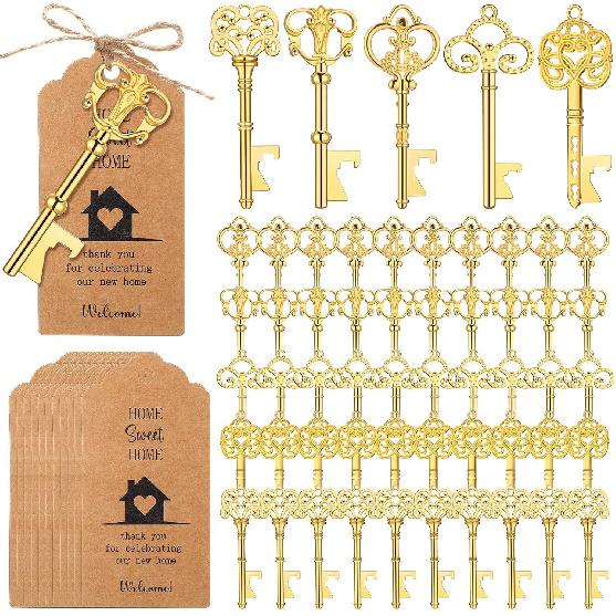 50 Sets Housewarming Skeleton Key Bottle Opener with Tags and Jute Rope Retro Skeleton Key Opener Home Sweet Home Party Favors for House Warming