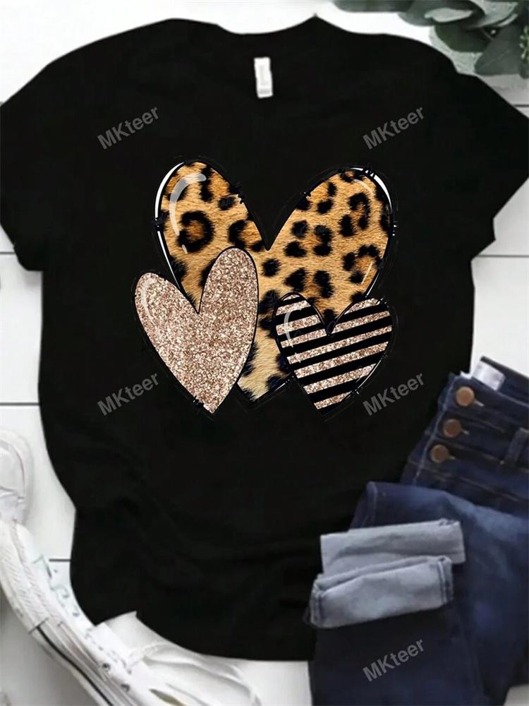 Urban Fashion Women's Leopard-print Short-sleeved Top Summer Daily Casual Women's Crew-neck T-shirt Outdoor Street Elegant Top