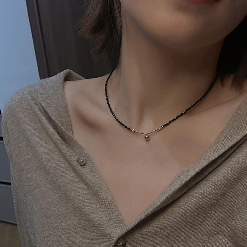 Black Beaded Choker Necklace with Gold Bell Pendant – Minimalist Dainty Jewelry for Women, Elegant Daily Gift Necklace